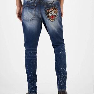 Ed Hardy Denim Distressed Embroidered Tiger Slim Taper Jean Size 42 Men
